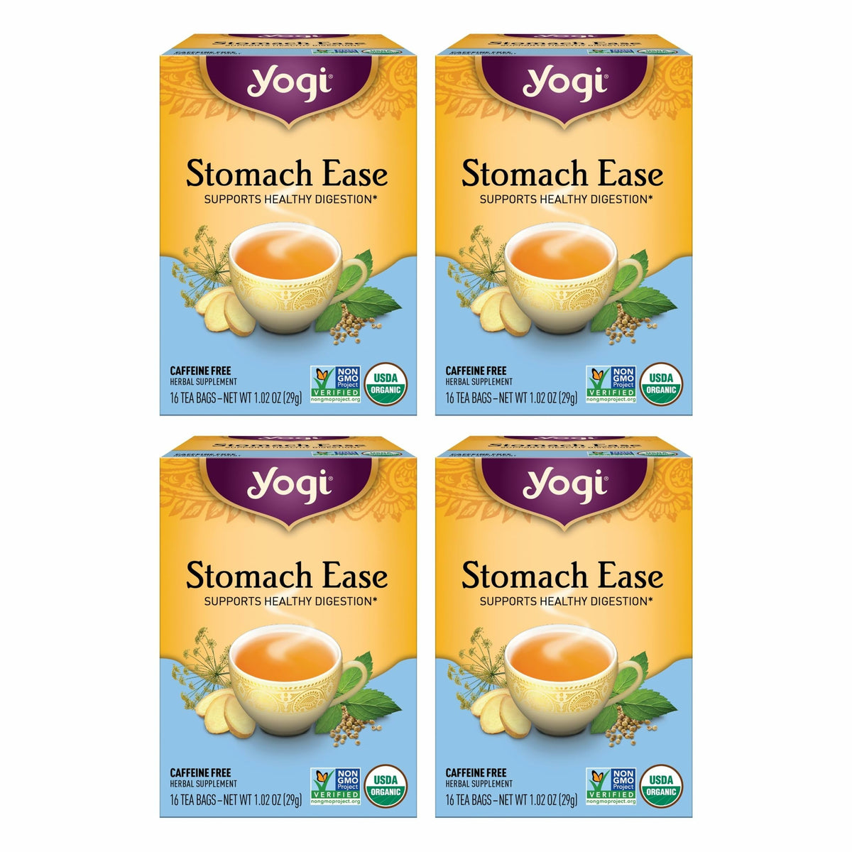 Yogi Stomach Ease tea bags ready to brew for gentle digestive comfort.