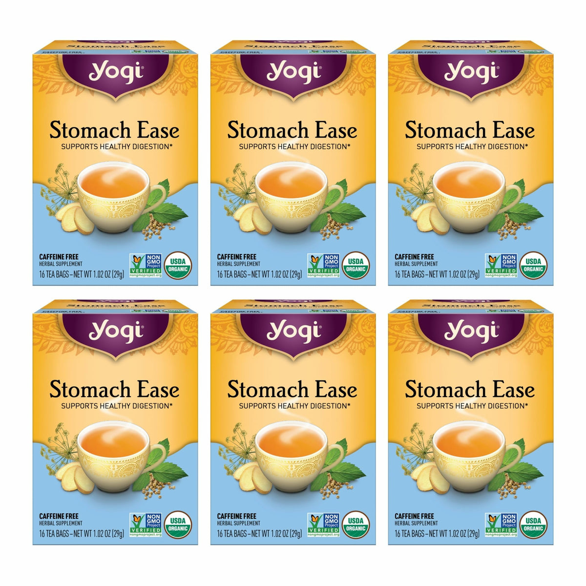 Yogi Stomach Ease tea pack with 96 bags for a comforting digestive ritual