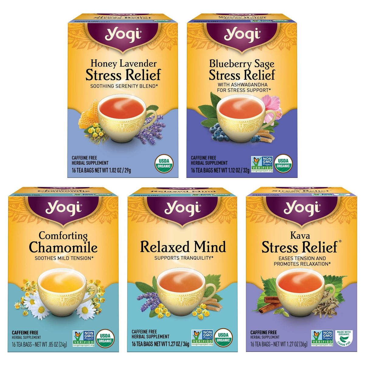 Yogi Stress Relief Relaxation Sampler front view with caffeine-free calming teas