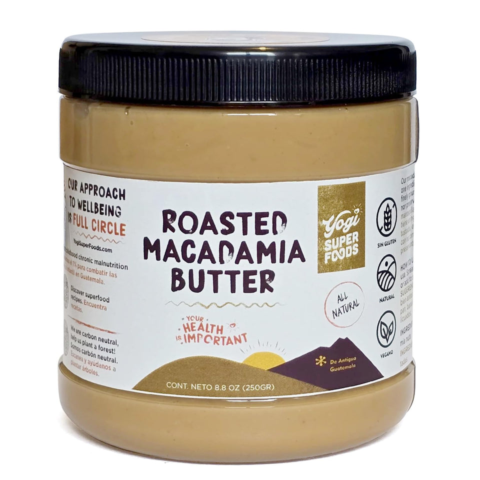 Yogi Super Foods roasted macadamia butter jar closeup, creamy texture for smooth spreading