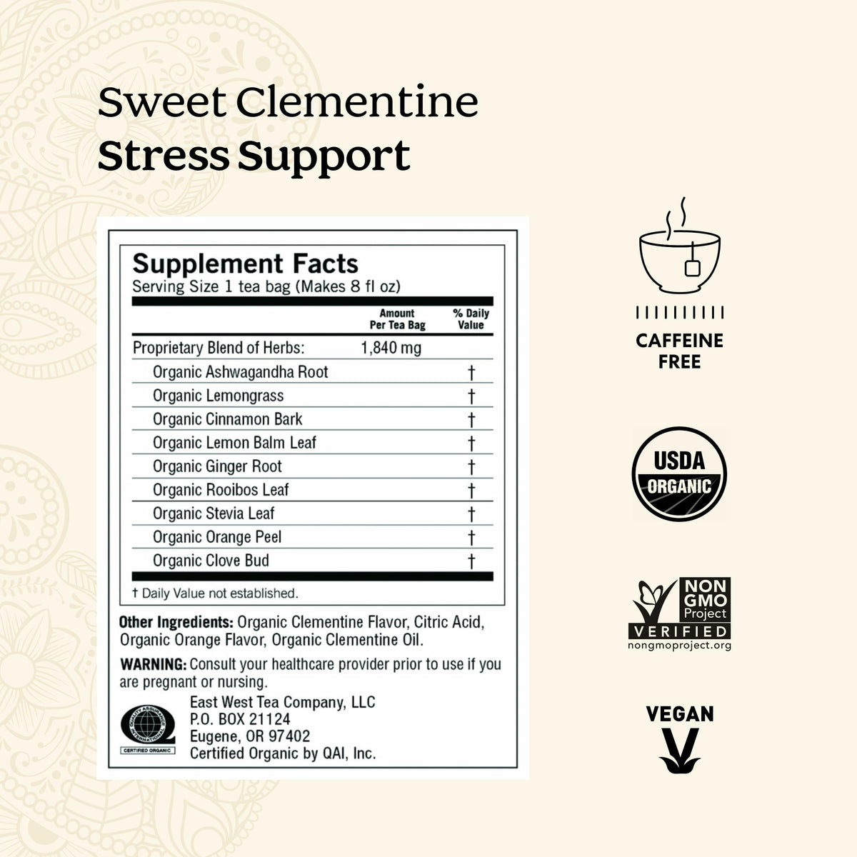 Ashwagandha root in Yogi Sweet Clementine blend for stress support