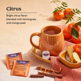 Lemongrass and orange peel visible in Yogi Sweet Clementine blend