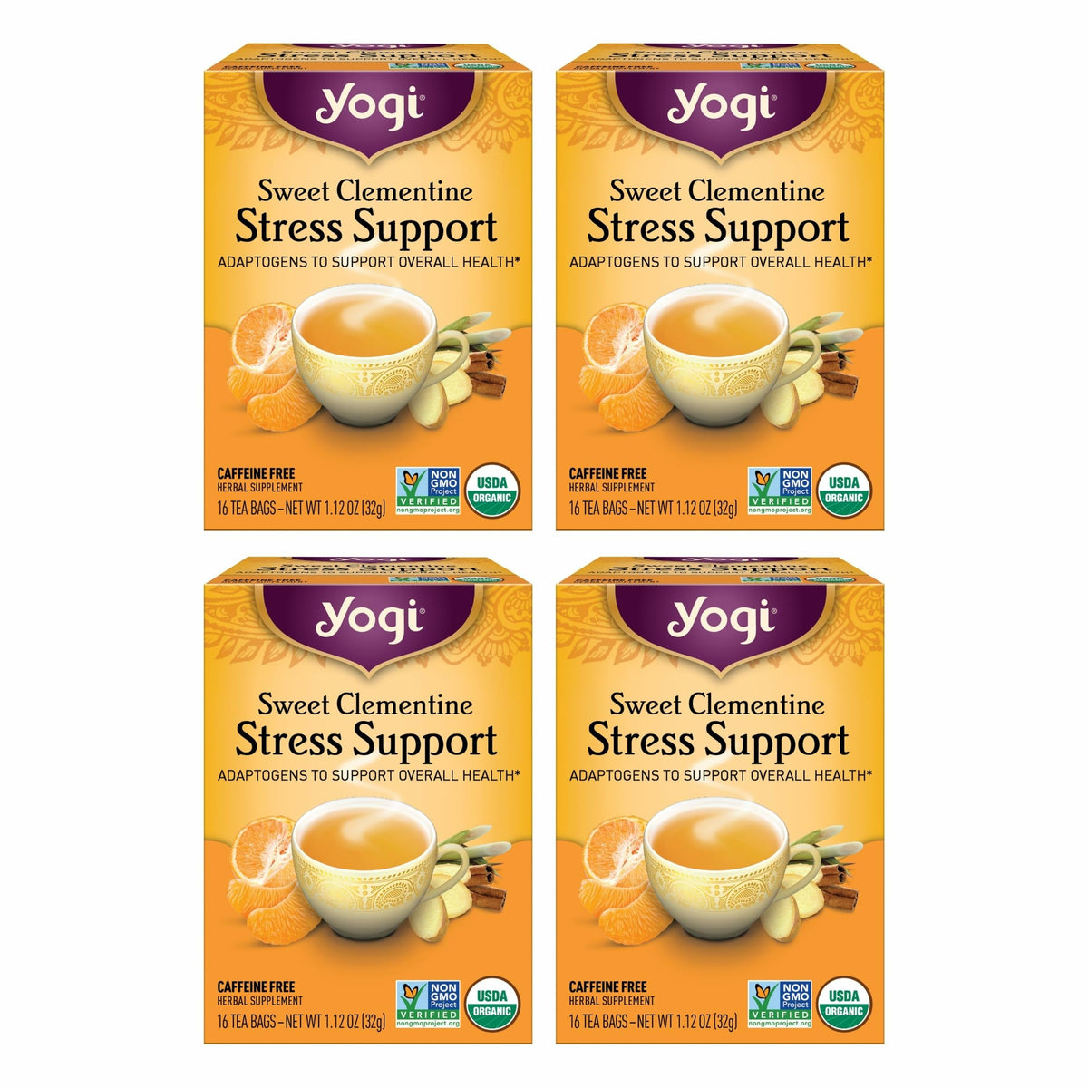 Yogi Sweet Clementine Stress Support tea bags ready for a calming cup
