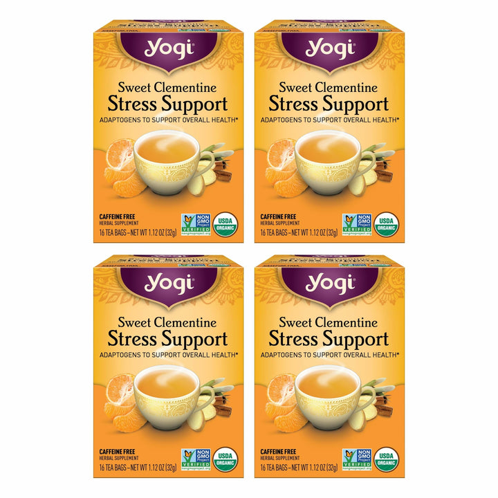 Yogi Sweet Clementine Stress Support tea bags ready for a calming cup