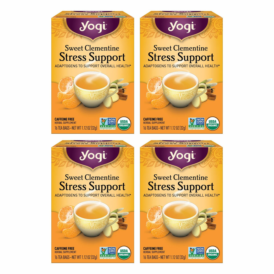 Yogi Sweet Clementine Stress Support tea bags ready for a calming cup