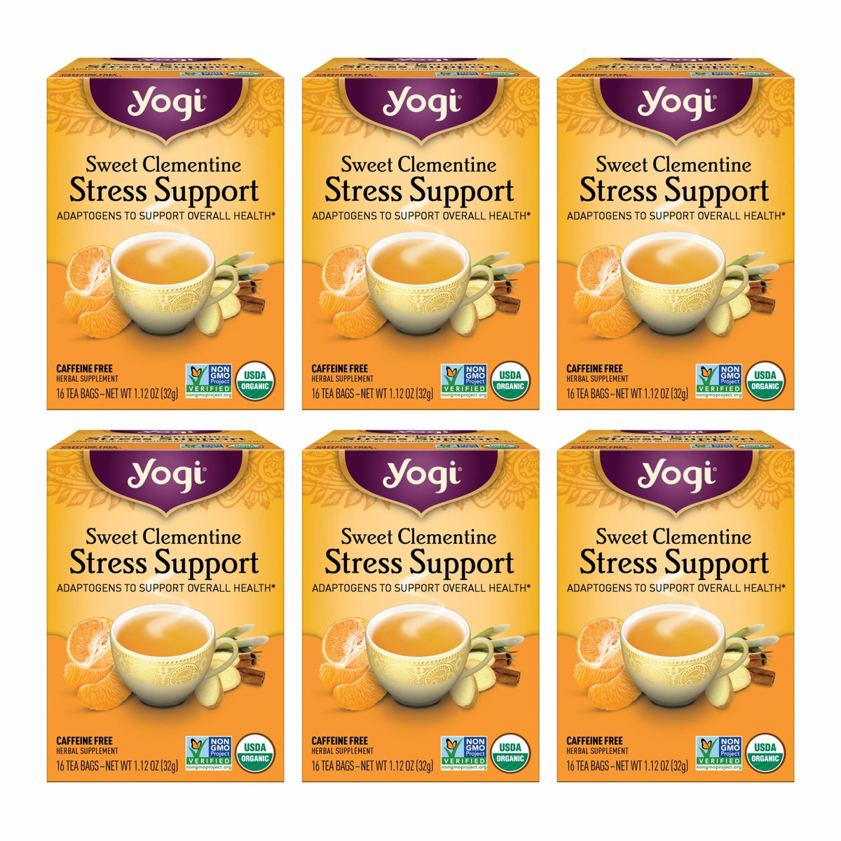 Yogi Sweet Clementine stress tea bag for a calming ritual with citrus notes.