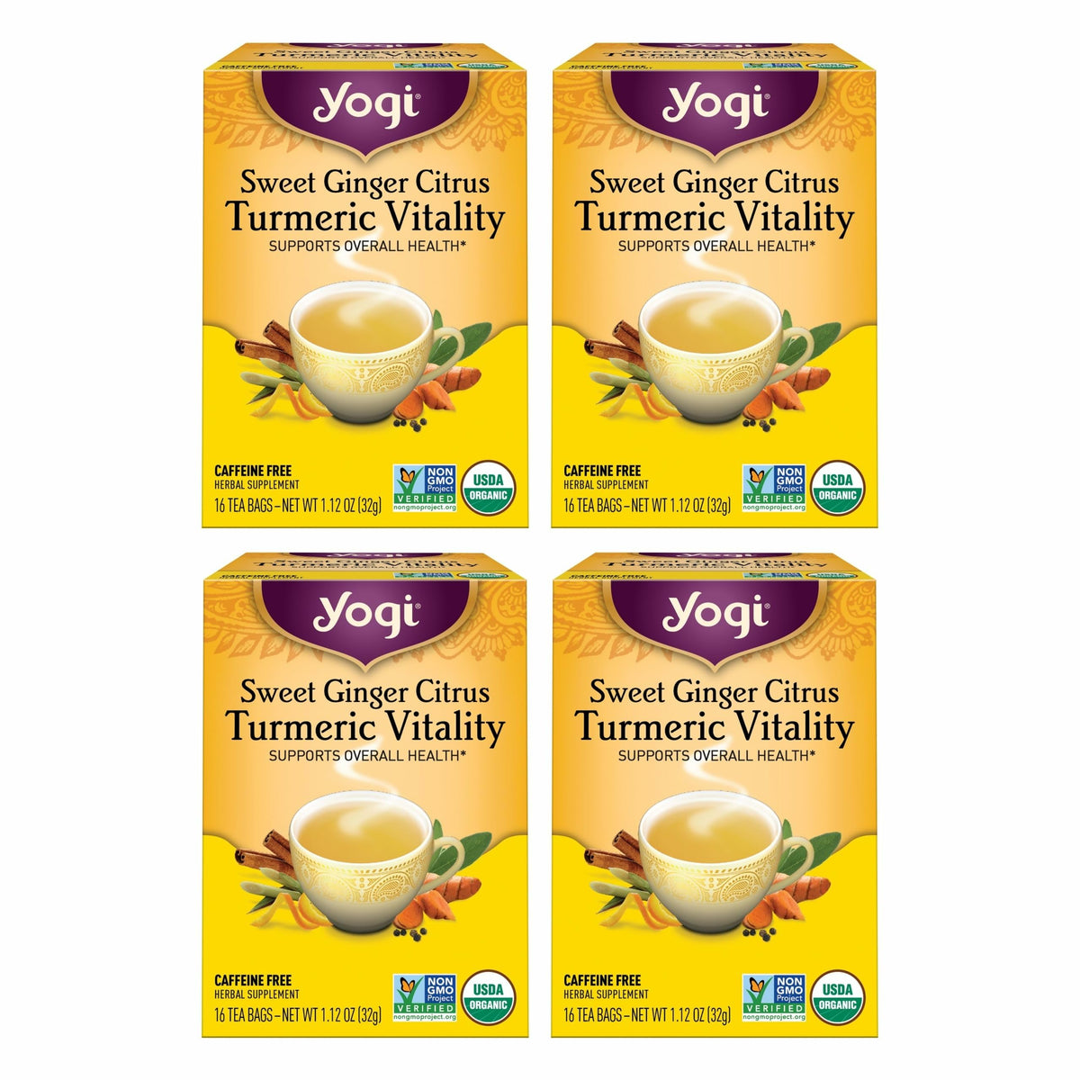 Yogi Sweet Ginger Citrus Turmeric Vitality tea bag with bright aroma and inviting flavor