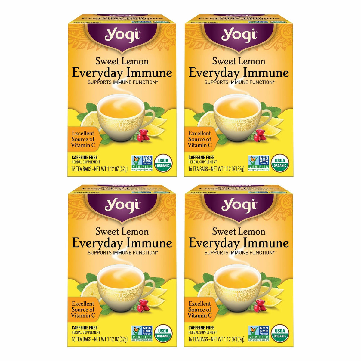 Yogi Sweet Lemon Everyday Immune tea box showing 64 bags for daily citrus refreshment.