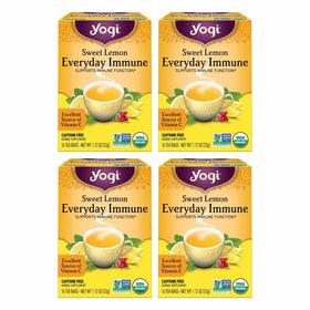 Yogi Sweet Lemon Everyday Immune tea box showing 64 bags for daily citrus refreshment.
