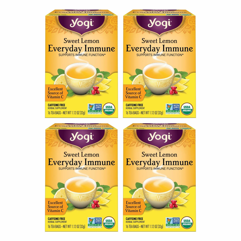 Yogi Sweet Lemon Everyday Immune tea box showing 64 bags for daily citrus refreshment.