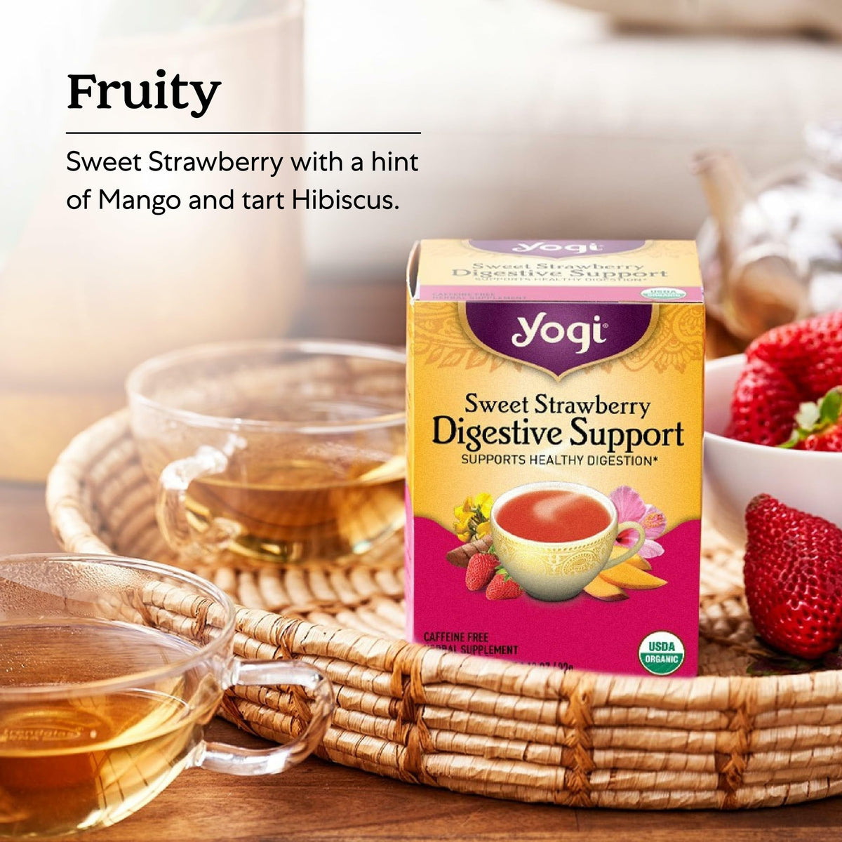 Yogi Sweet Strawberry aroma rising from a cup for a soothing moment.