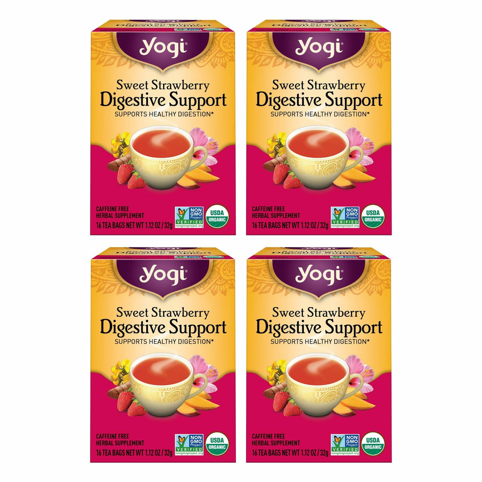 Yogi Sweet Strawberry Digestive Tea pack ready for daily ritual, supports digestive comfort.