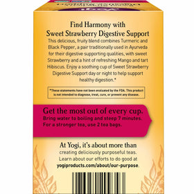 Yogi Sweet Strawberry tea bags closeup highlighting organic ingredients.