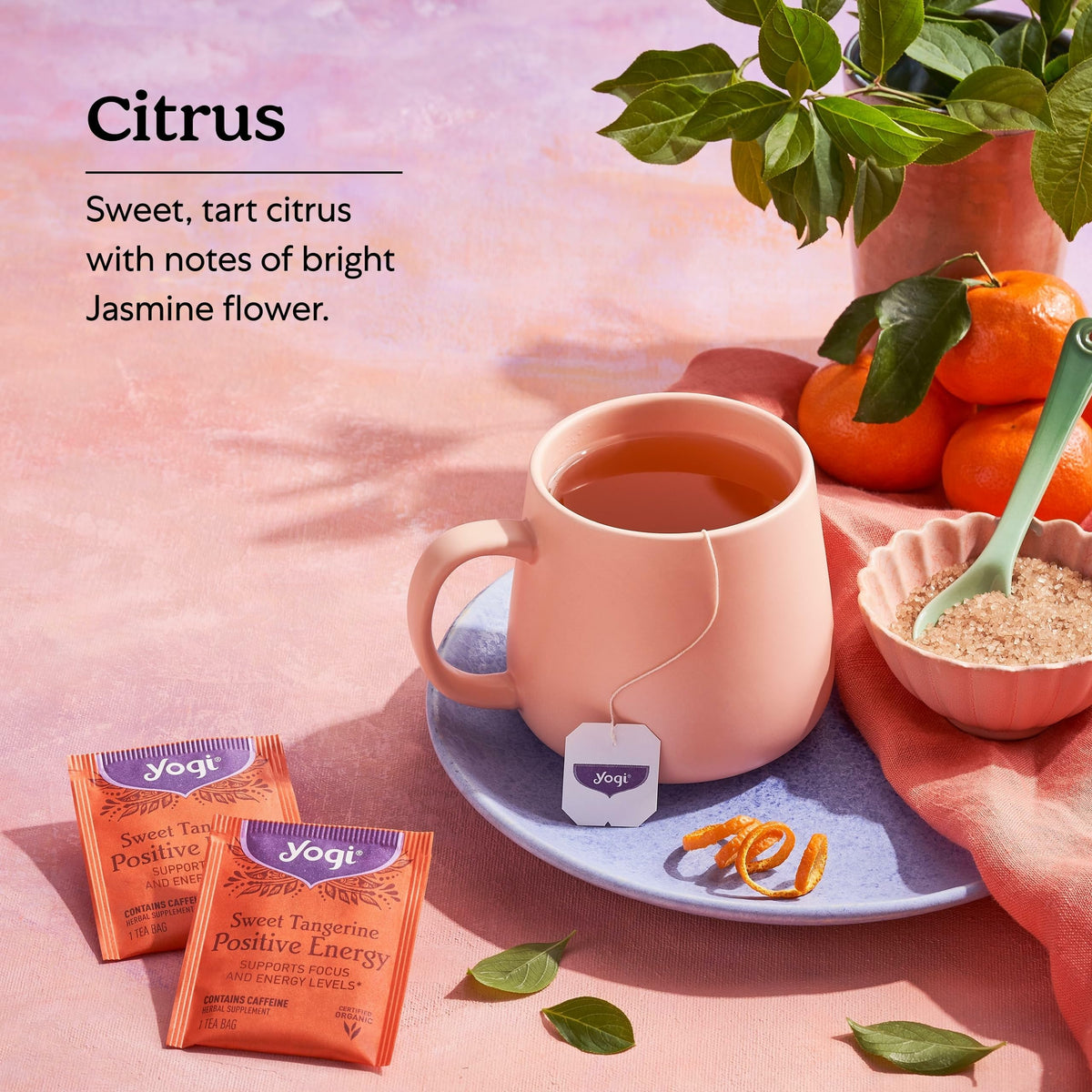Yogi Sweet Tangerine black tea and yerba mate blend scoop, suggesting balanced energy.