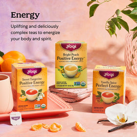 Yogi Sweet Tangerine caffeine note compared to coffee, illustrating gentler lift.