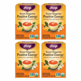 Yogi Sweet Tangerine Positive Energy Tea boxes show a four-pack bundle for convenient daily use