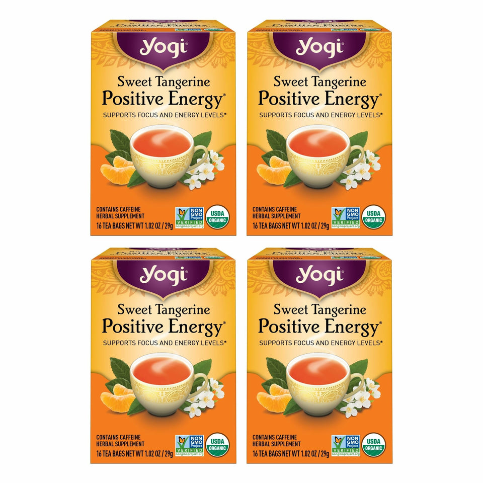 Yogi Sweet Tangerine Positive Energy Tea boxes show a four-pack bundle for convenient daily use