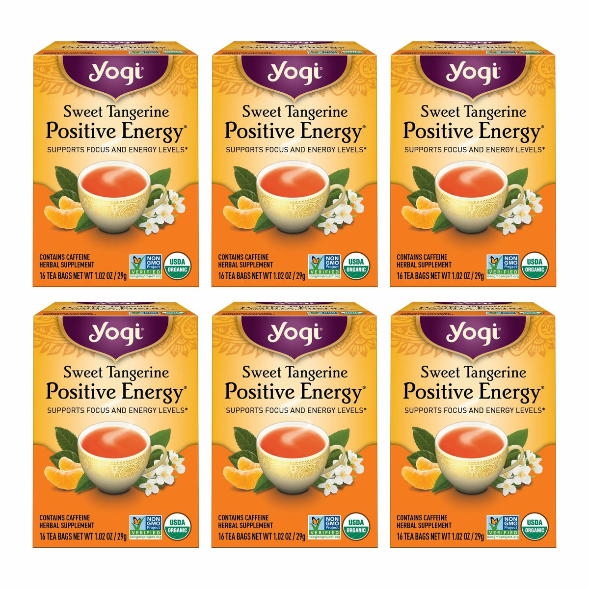 Yogi Sweet Tangerine Tea bags in a box, highlighting convenient six-pack for daily brewing.