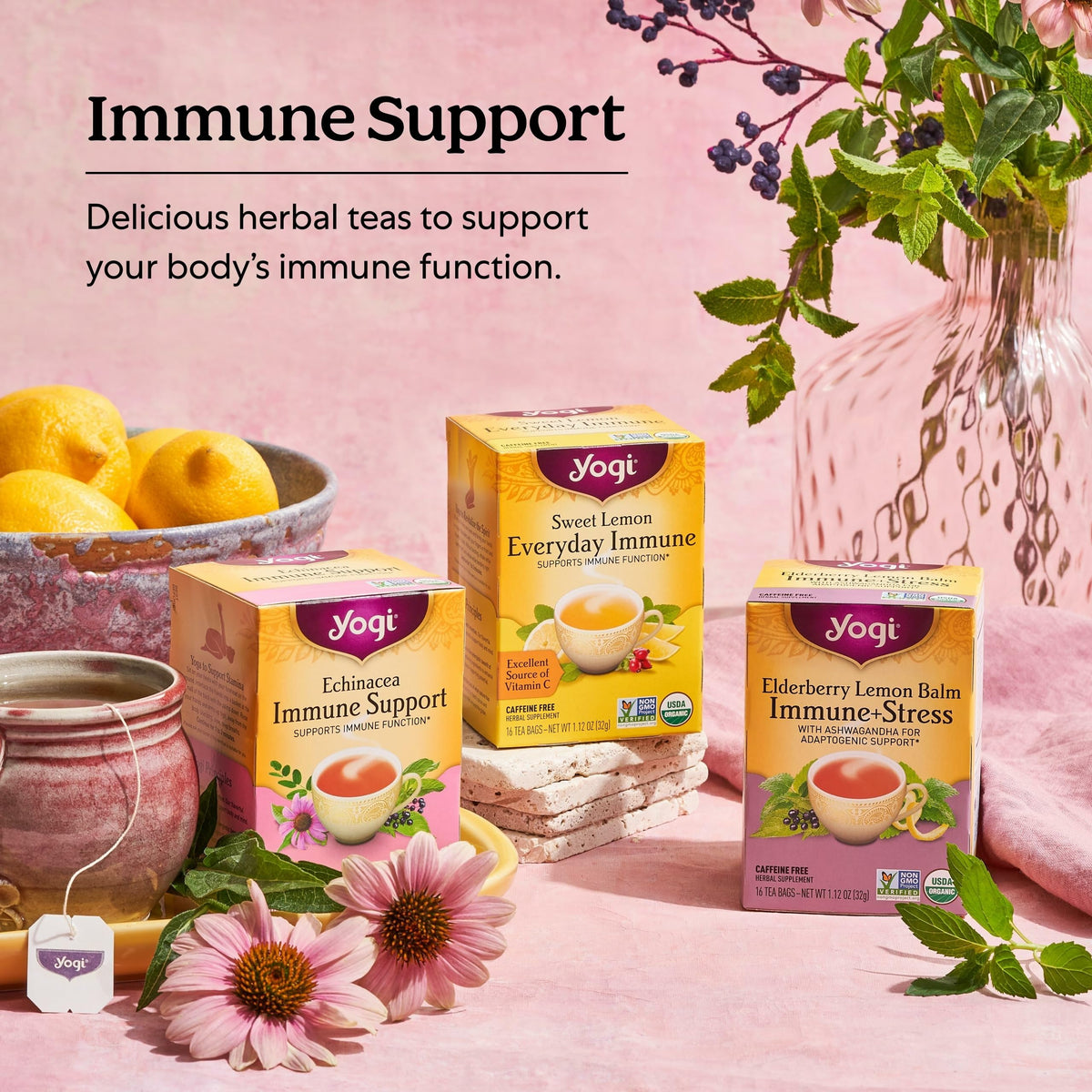 Yogi Tea bag steeping in hot water, releasing fragrant, comforting aroma.