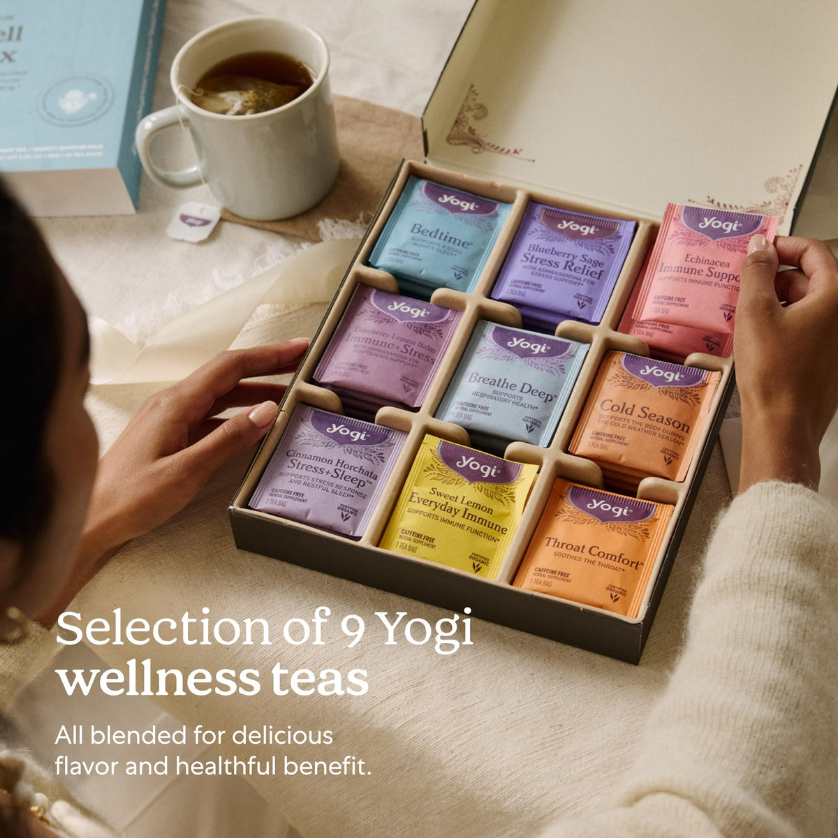 Close-up of Yogi tea bags with natural botanicals for inviting aromas.