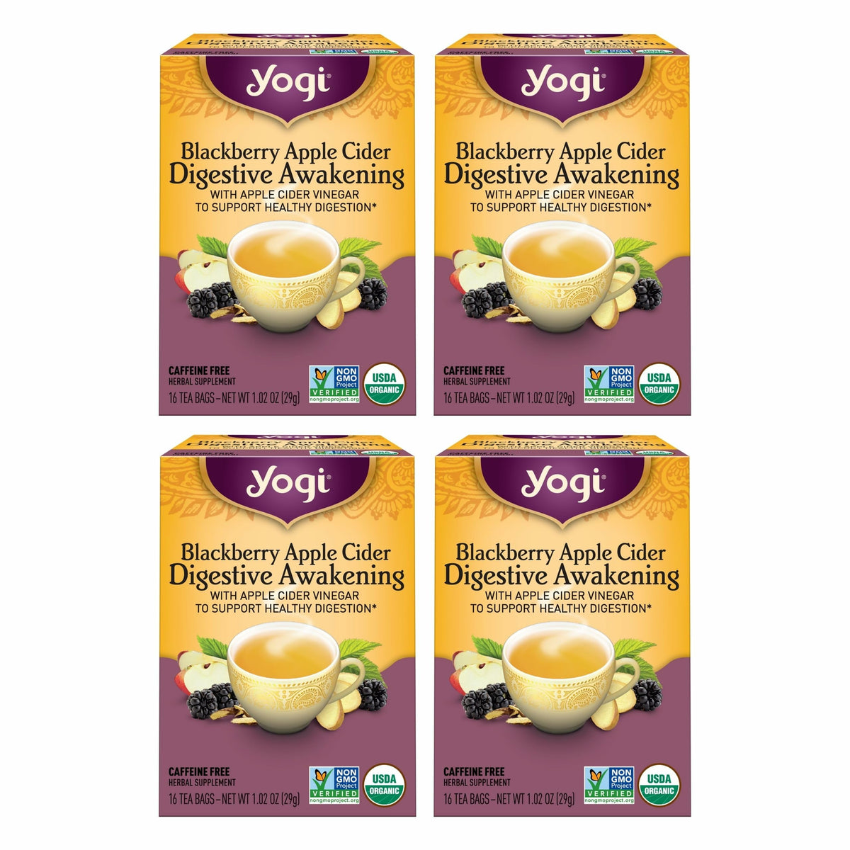 Yogi Blackberry Apple Cider Digestive Awakening box shows organic, caffeine-free comfort.