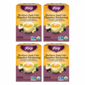 Yogi Blackberry Apple Cider Digestive Awakening box shows organic, caffeine-free comfort.
