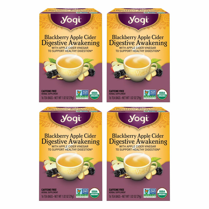 Yogi Blackberry Apple Cider Digestive Awakening box shows organic, caffeine-free comfort.