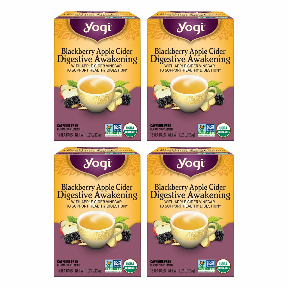 Yogi Blackberry Apple Cider Digestive Awakening box shows organic, caffeine-free comfort.