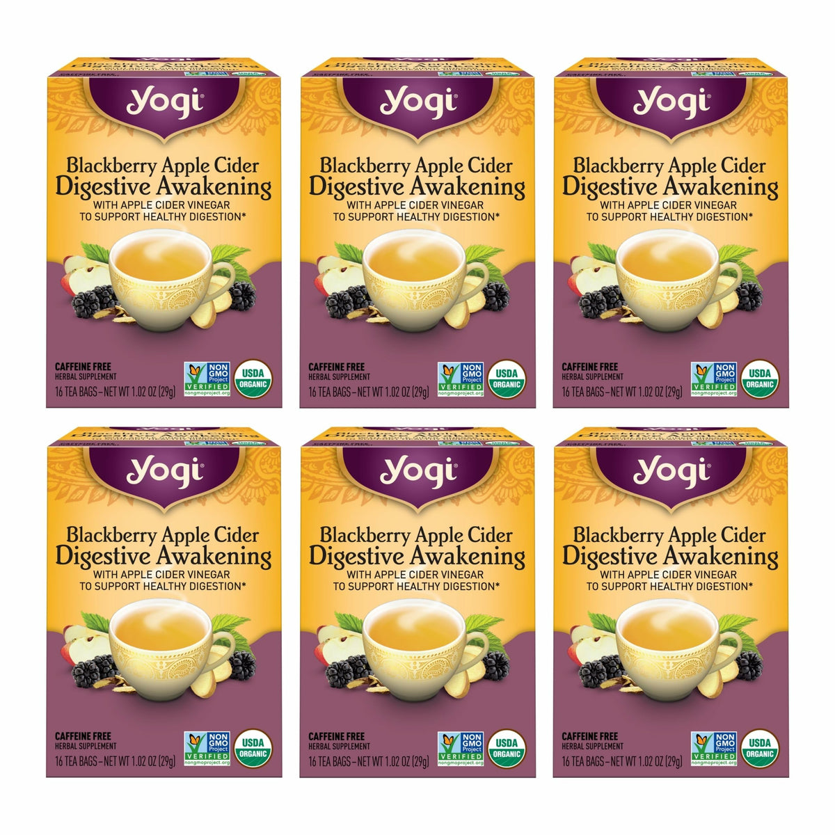 Yogi Tea Blackberry Apple Cider Digestive Awakening box with tea bags for a caffeine-free fruity ritual.
