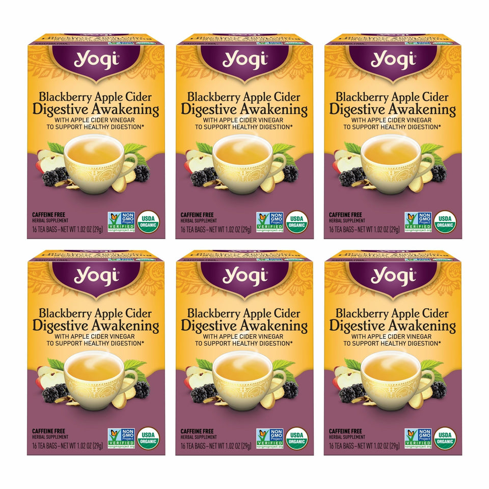 Yogi Tea Blackberry Apple Cider Digestive Awakening box with tea bags for a caffeine-free fruity ritual.
