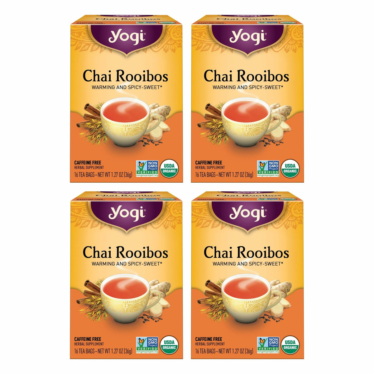 Yogi Tea Chai Rooibos pack shows four boxes, caffeine-free blend ideal for evenings.