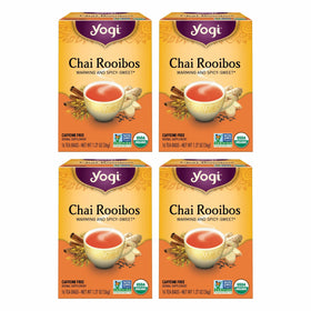 Yogi Tea Chai Rooibos pack shows four boxes, caffeine-free blend ideal for evenings.