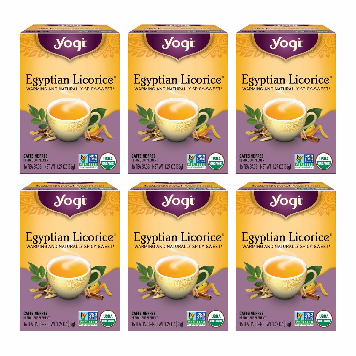 Yogi Tea Egyptian Licorice Tea 6-pack box offers caffeine-free comforting warmth.