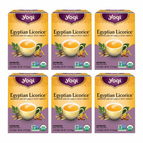 Yogi Tea Egyptian Licorice Tea 6-pack box offers caffeine-free comforting warmth.