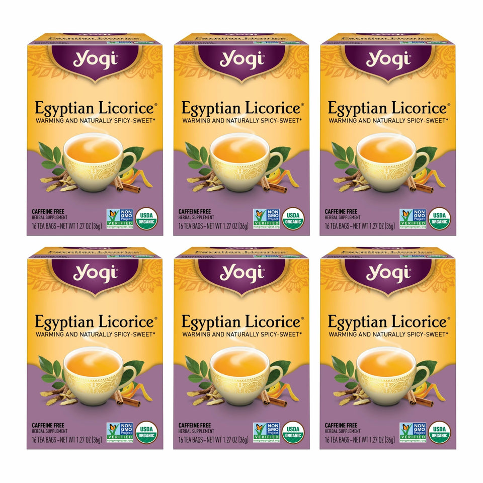 Yogi Tea Egyptian Licorice Tea 6-pack box offers caffeine-free comforting warmth.
