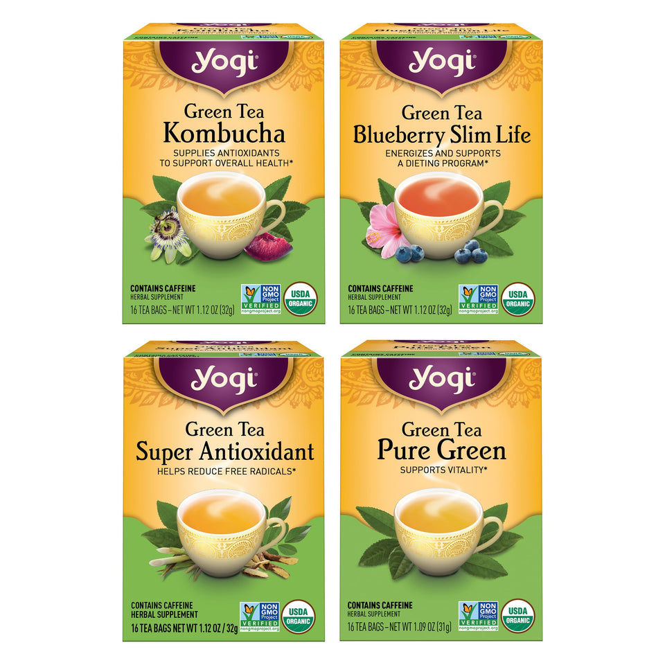 Yogi Tea Green Tea Kombucha box, antioxidant-rich blend for everyday vitality.