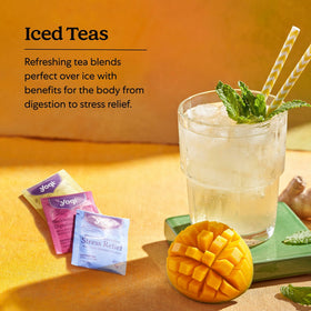 Yogi Tea Iced brewed glass with ice shows refreshing color and fragrance.