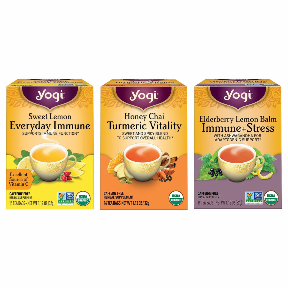 Yogi Immune Support variety-pack box displaying three 16-count boxes for immune-friendly routine
