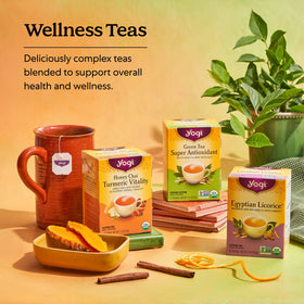 Yogi Tea Organic tea bags closeup, vegan, non-GMO ingredients.
