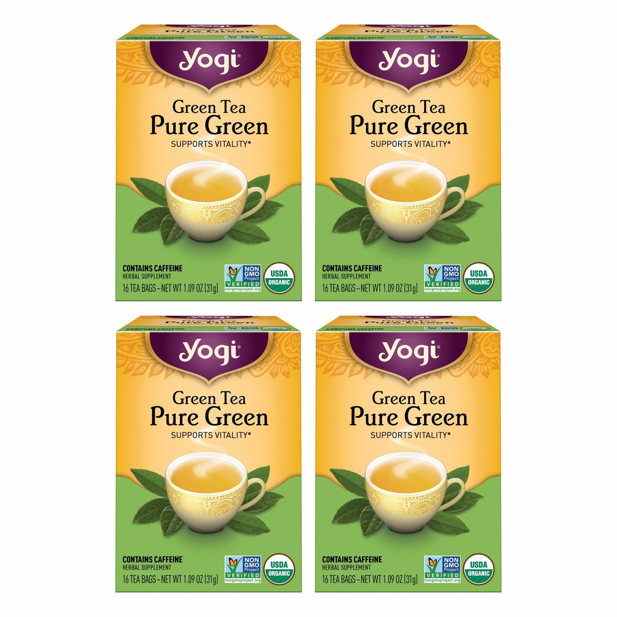 Yogi Tea Pure Green Tea box front, premium organic blend for daily refreshment.