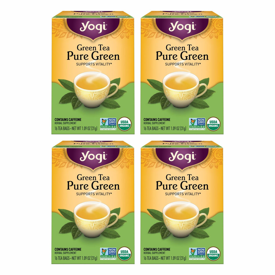 Yogi Tea Pure Green Tea box front, premium organic blend for daily refreshment.