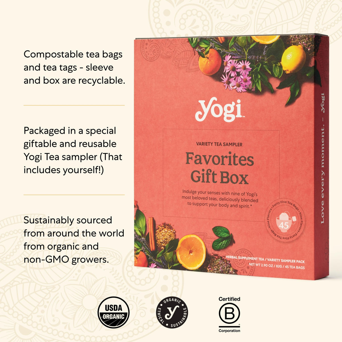 Yogi Tea Sampler Brewing Instructions Back – practical brewing guidance on packaging.