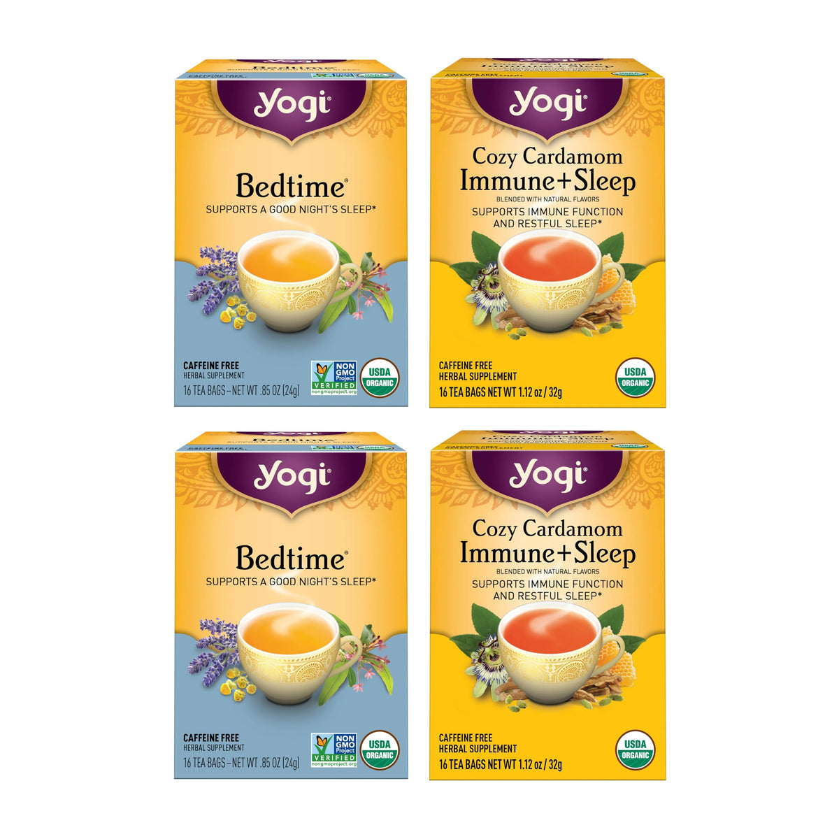 Yogi Sleep & Immunity Variety Pack front view shows caffeine-free blends for evening calm.
