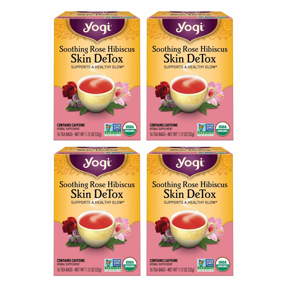 Yogi Soothing Rose Hibiscus Skin DeTox Tea packaging with rose petals
