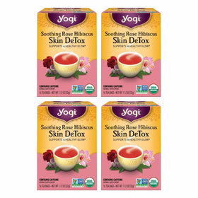 Yogi Soothing Rose Hibiscus Skin DeTox Tea packaging with rose petals