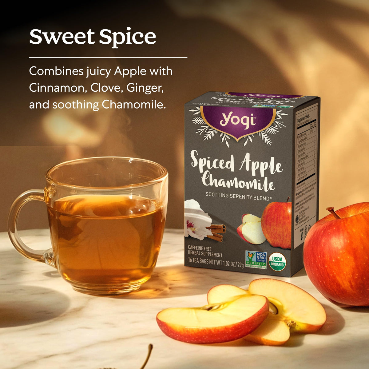 Close up of dried apple, cinnamon, clove and chamomile in blend