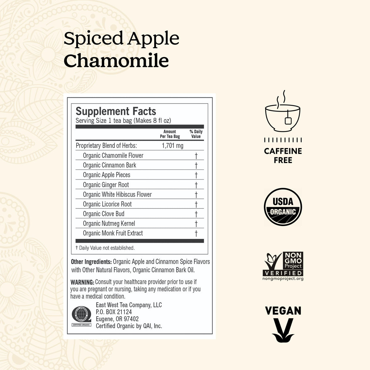 Yogi Tea Spiced Apple Chamomile packaging highlighting organic, caffeine-free blend