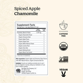 Yogi Tea Spiced Apple Chamomile packaging highlighting organic, caffeine-free blend