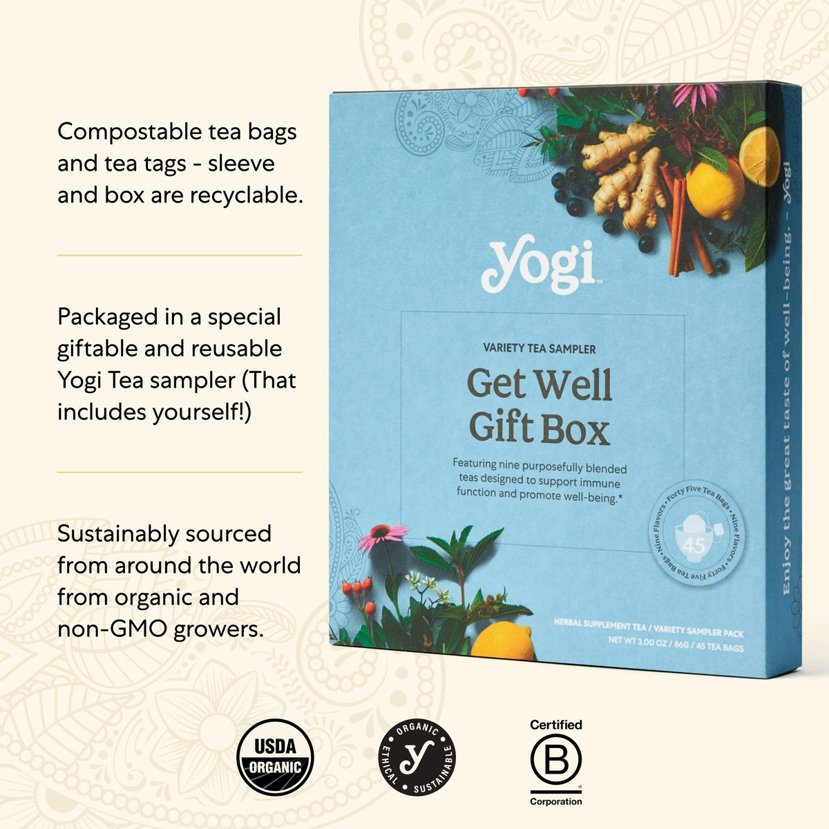 Steaming cup of Yogi tea from the sampler for a comforting daily ritual.