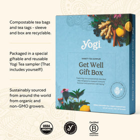 Steaming cup of Yogi tea from the sampler for a comforting daily ritual.